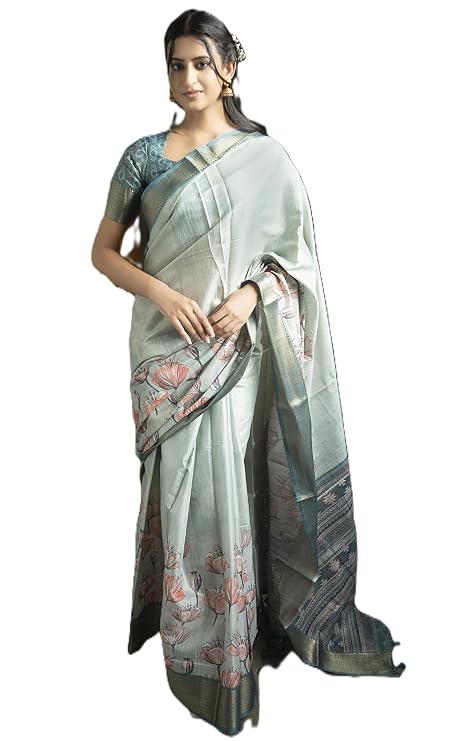 Vasthrlay Champagne Gold Textured Polyester Saree With Kalamkari Floral Border And Ruched Unstitched Blouse Piece