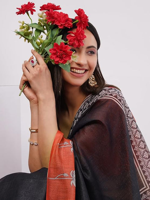 Vasthrlay Rust Kathakali Print Linen Saree With Gold Zari Border And Unstitched Blouse Piece