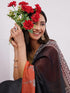 Vasthrlay Rust Kathakali Print Linen Saree With Gold Zari Border And Unstitched Blouse Piece