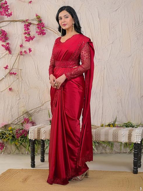 Vasthrlay Sequins Embroidery Unstitched Red Saree