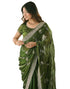 Vasthrlay Scalloped Embroidery Green Saree With Unstitched Blouse Piece