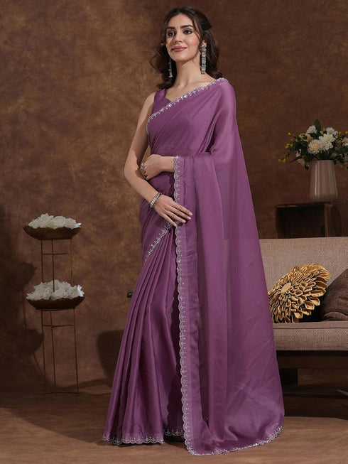 Vasthrlay Chiffon Scalloped Brown Saree
