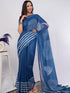 Vasthrlay Blue2 Linen Floral | Striped | Check Design Printed Saree With Solid Unstitched Linen Blouse Piece