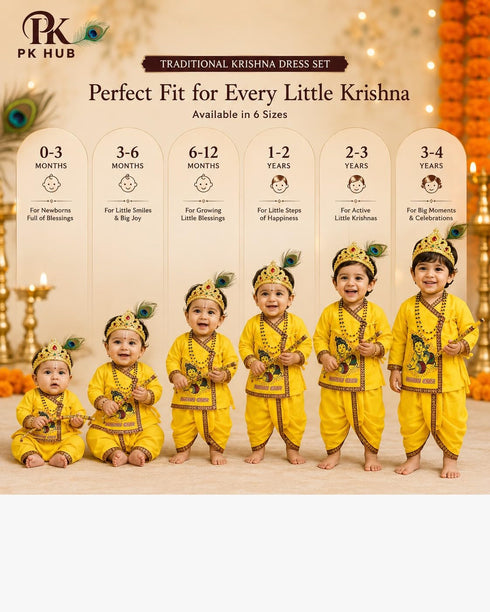PK HUB Kid's Cotton Yellow Krishna Style Kurta Dhoti Dress Set with Bansuri, Mukut & Patka