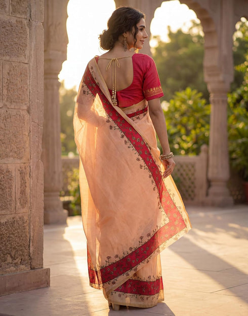 Vasthrlay Womens Printed Unstitched Peach Saree