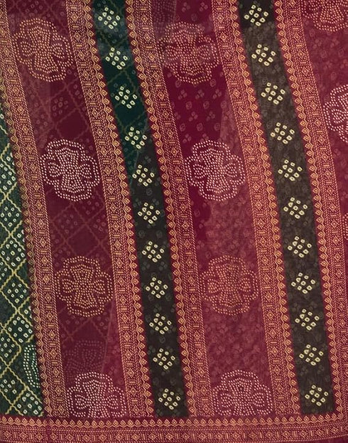 Vasthrlay Chiffon Bandhani Dark Green And Maroon Saree With Unstitched Blouse Piece