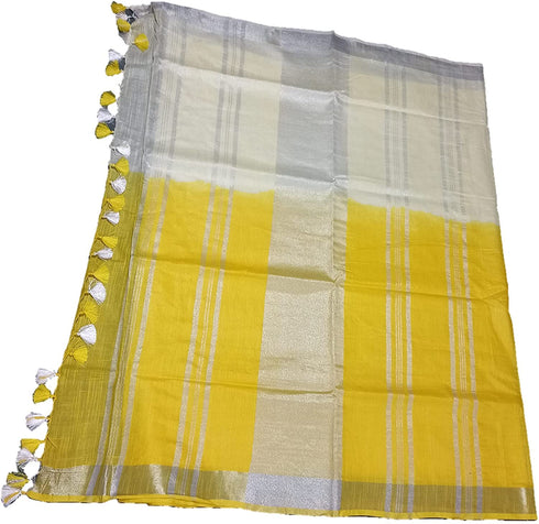 Vasthrlay Handloom Bhagalpuri Two Dye Attached Yellow Cream White