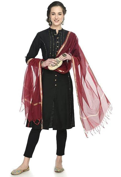 A R Silk Women's Golden Border Maroon Colour Chanderi Cotton Regular Dupattas