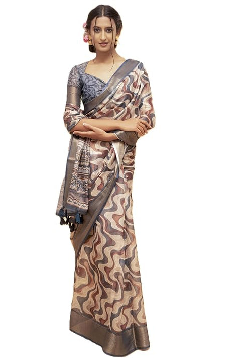 Vasthrlay Indigo Mocha Geometric Print Polyester Saree With Dull Gold Zari Border And Unstitched Blouse Piece