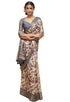Vasthrlay Indigo Mocha Geometric Print Polyester Saree With Dull Gold Zari Border And Unstitched Blouse Piece