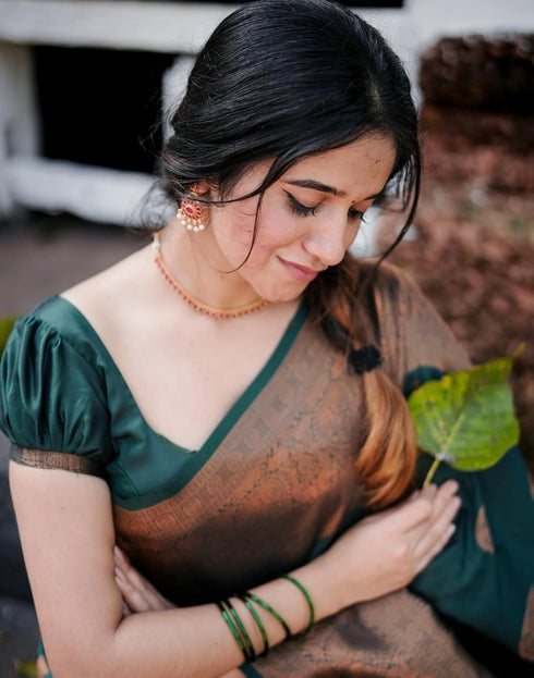 Vasthrlay Banarasi Jacquard Unstitched Dark Green Saree