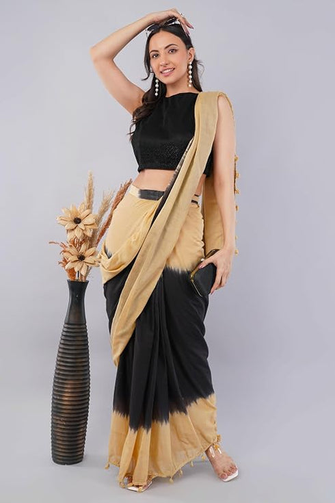 Vasthrlay Womens Beige And Black Cotton Ready To Wear Saree