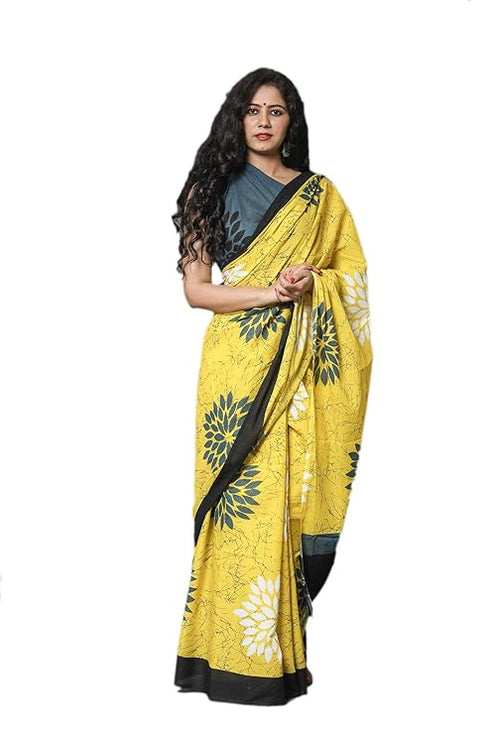 Jalther Handicrafts Women'S Ikat Hand Block Print Jaipuri Cotton Mulmul Saree