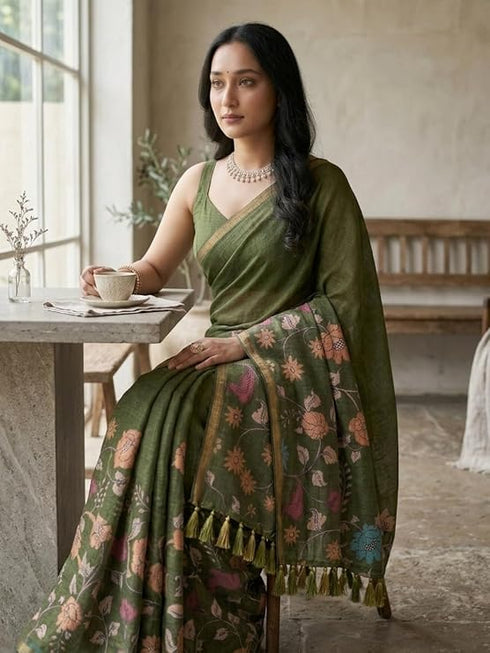 Vasthrlay Multicolour Floral Linen Saree With Solid Black Unstitched Blouse