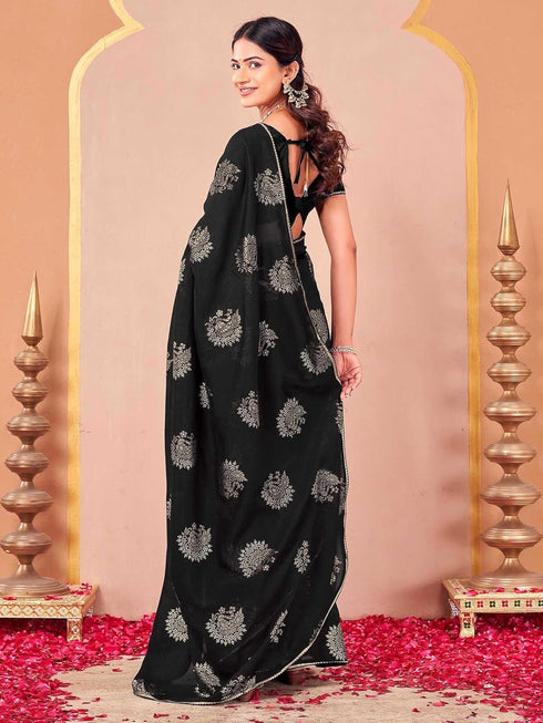 Vasthrlay Vichitra Printed Unstitched Rani Pink Saree