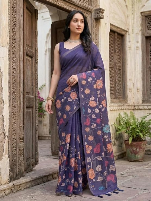 Vasthrlay Purple Floral Linen Saree With Solid Black Unstitched Blouse