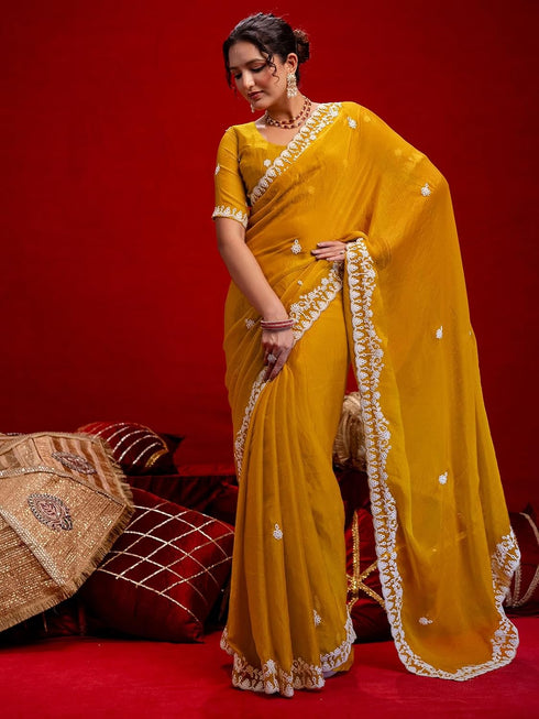 Vasthrlay Sequins Embroidery Turmeric Saree