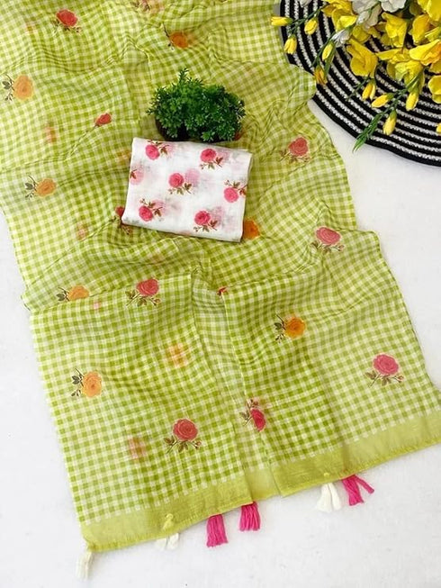Vasthrlay Checked Pattern Tassels Unstitched