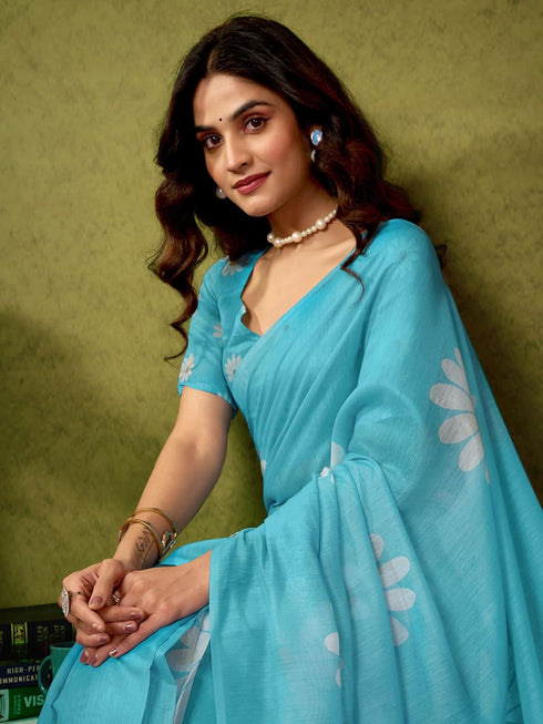 Vasthrlay Chanderi Printed Unstitched Sky Blue Saree