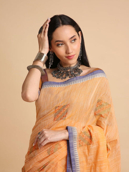 Vasthrlay Handloom Embroidered Apricot Saree