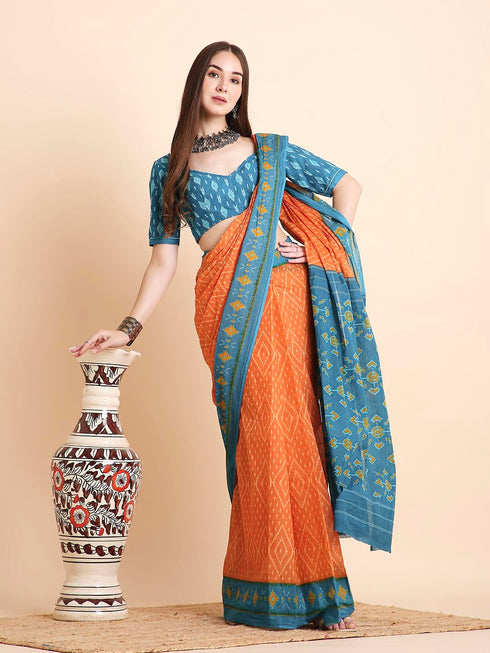 Vasthrlay Cotton Printed Mulmul Blue Saree