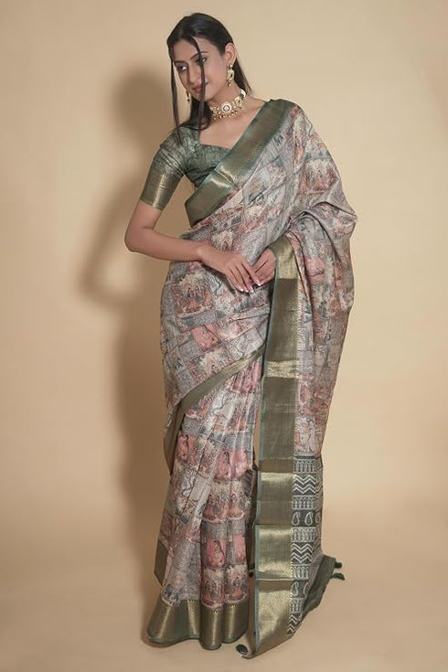 Vasthrlay Earthy Multicolor Abstract Print Polyester Saree With Antique Zari Border And Unstitched Blouse Piece