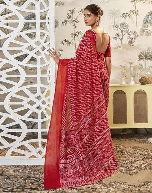 Vasthrlay Geometric Printed Unstitched Red Saree