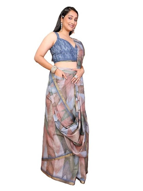 Vasthrlay Brown Womens Linen Ready To Wear Saree