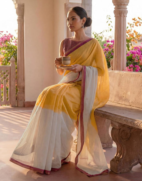 Vasthrlay Womens Printed Unstitched Yellow Saree
