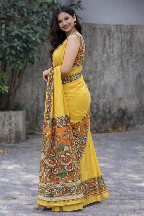 Vasthrlay Kalamkari Printed Yellow Saree with Border Cotton-Linen Blend Traditional Folk Art Motifs