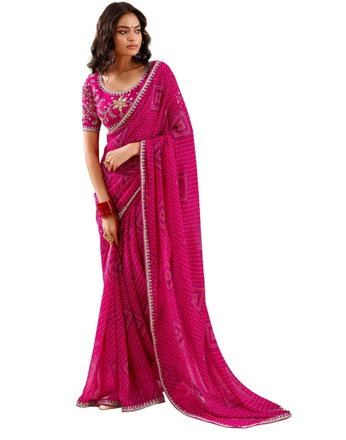 Vasthrlay Georgette Embroidery Pink Saree With Unstitched Blouse Piece