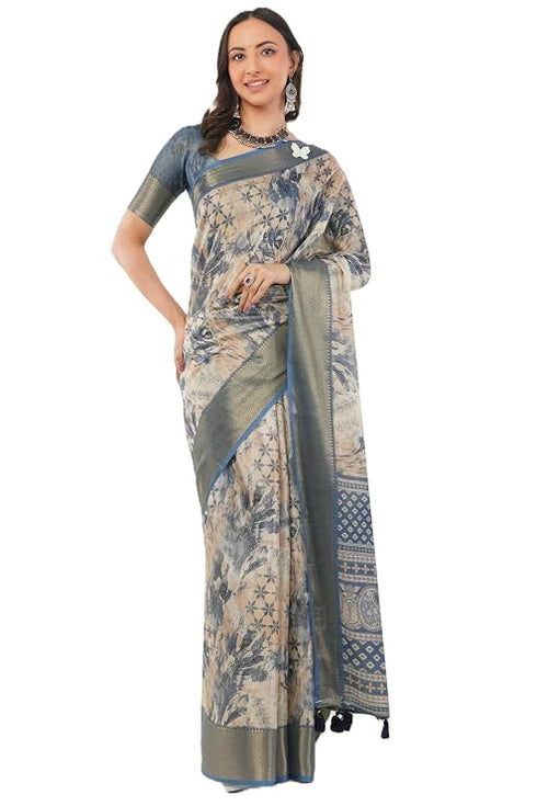 Vasthrlay Dusty Blue Beige Abstract Print Polyester Saree With Zari Border And Unstitched Blouse Piece