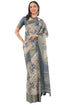 Vasthrlay Dusty Blue Beige Abstract Print Polyester Saree With Zari Border And Unstitched Blouse Piece