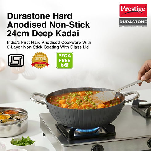 Prestige Durastone Hard Anodised 6 Layer Non-Stick Kadai with Glass Lid