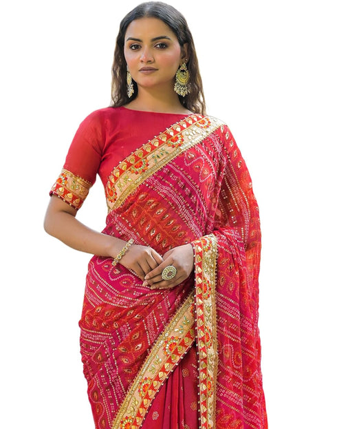 Vasthrlay Bandhani Embroidery Unstitched Pink Saree