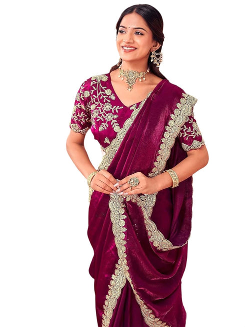 Vasthrlay Sequins Embroidery Unstitched Purple Saree