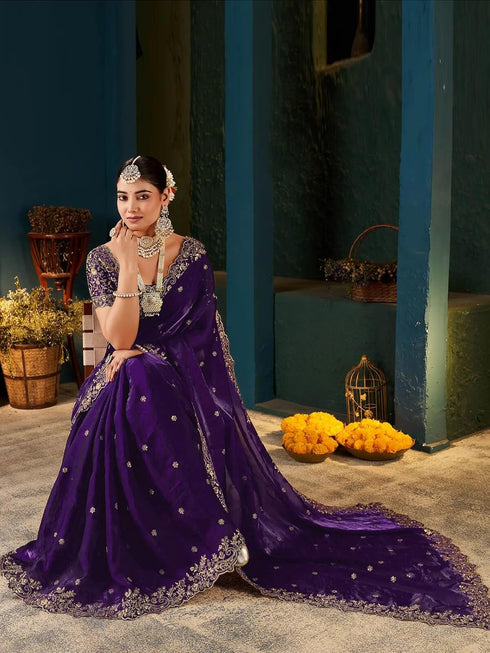 Vasthrlay Scalloped Embroidery Unstitched Rani Pink Saree