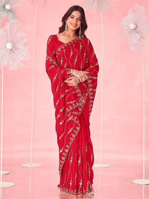 Vasthrlay Scalloped Maroon Saree