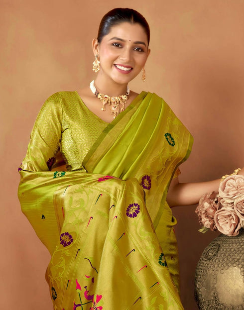 Vasthrlay Womens Paithani Lime Green Saree With Unstitched Blouse Piece