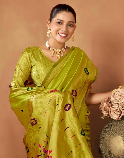 Vasthrlay Womens Paithani Unstitched Dark Green Saree