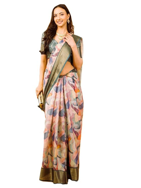 Vasthrlay Multicolour Geometric Print Polyester Saree With Dull Gold Zari Border And Unstitched Blouse Piece