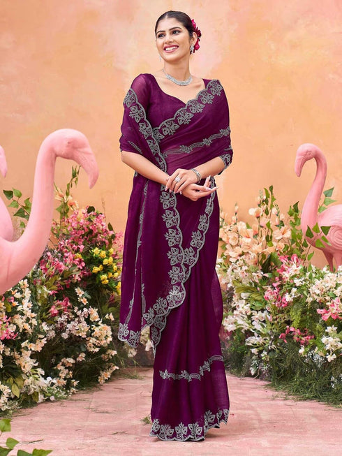 Vasthrlay Shimmer Chiffon Unstitched Maroon Saree