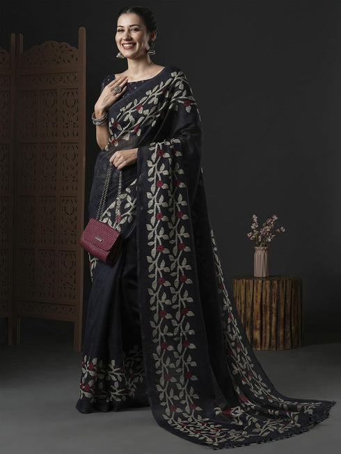 Vasthrlay Botanical Printed Unstitched Black Hs Ethnic Wear