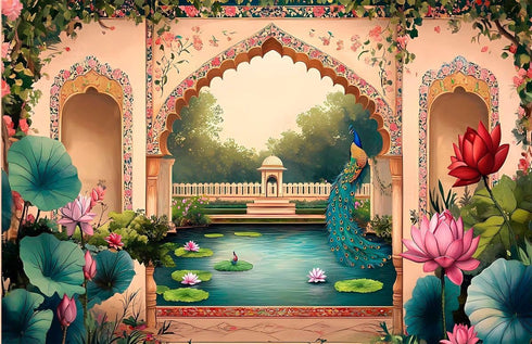 Lotus Pond & Peacock Background Photography Backdrops