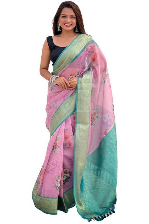 Vasthrlay Kanjivaram Organza Kalamkari Cream Purple Ethnic Wear