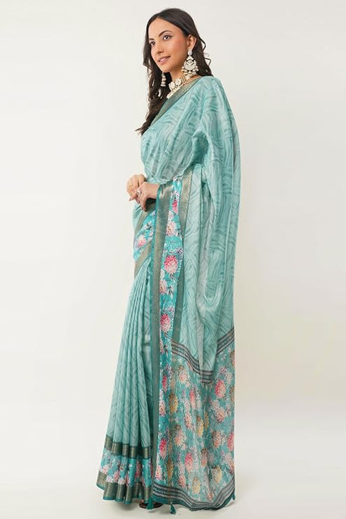 Vasthrlay Turquoise Blue Patchwork Print Polyester Saree With Zari Border And Unstitched Blouse Piece