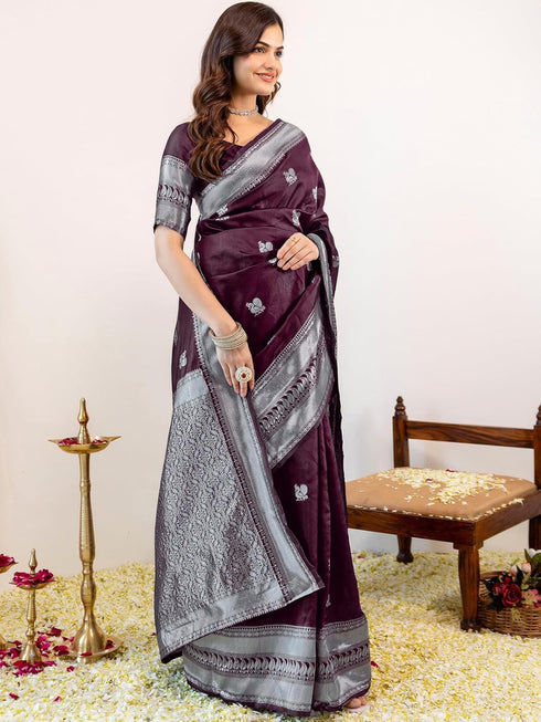 Vasthrlay Banarasi Jacquard Unstitched Purple Saree
