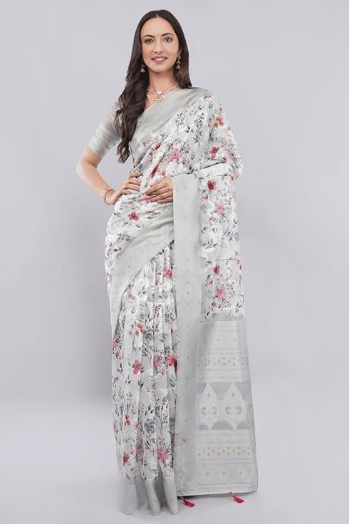 Vasthrlay Off White1 Floral Semi Sheer Chanderi Saree With Champagne Gold Zari Pallu And Unstitched Blouse Piece