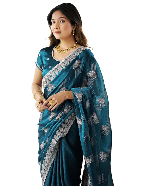Vasthrlay Scalloped Embroidery Teal Blue Saree With Unstitched Blouse Piece