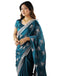 Vasthrlay Scalloped Embroidery Teal Blue Saree With Unstitched Blouse Piece
